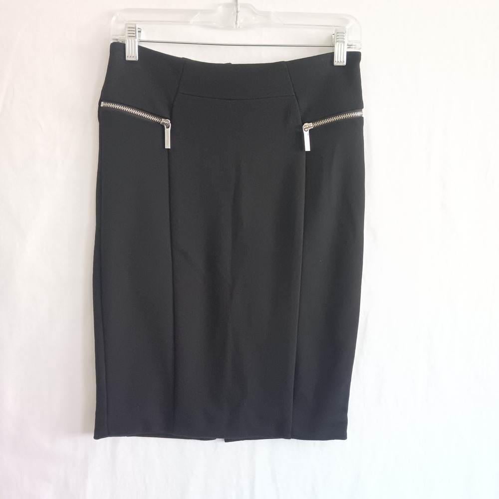 Michael Kors Pencil Skirt Womens 2 Black Stretch Ponte Knit Silver Zippers
